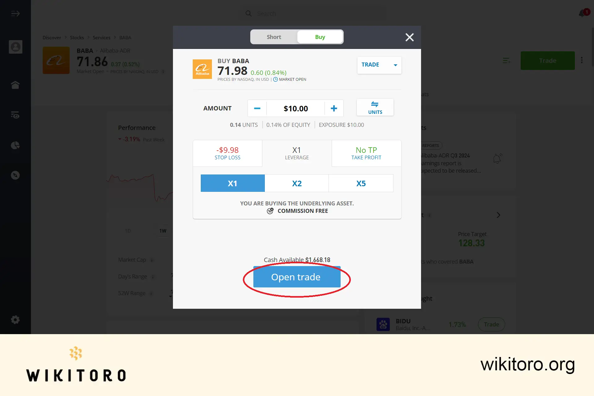 Gjennomføring av handel med eToro Alibaba-aksjer