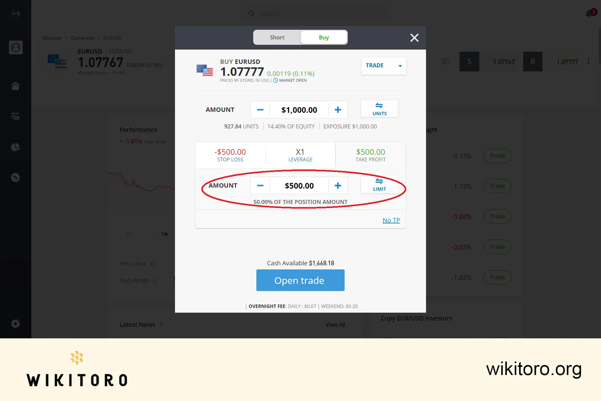 Innstilling av eToro Take Profit