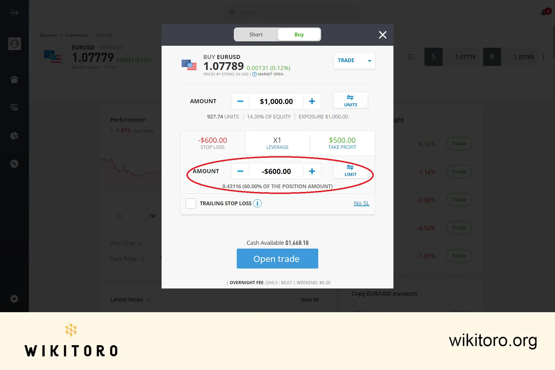 Innstilling av eToro Stop Loss