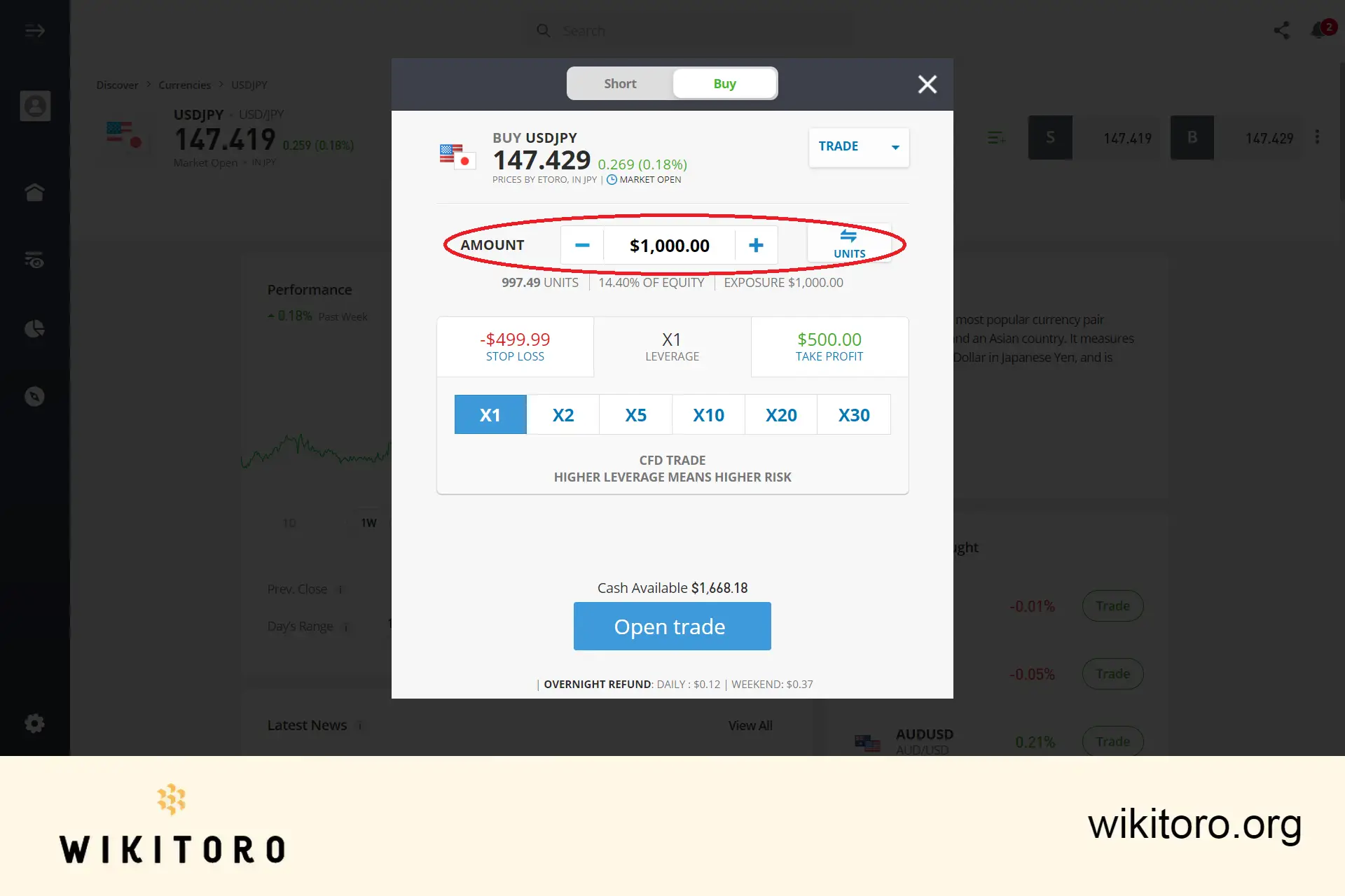 Legge inn eToro USDJPY-handelsbeløp