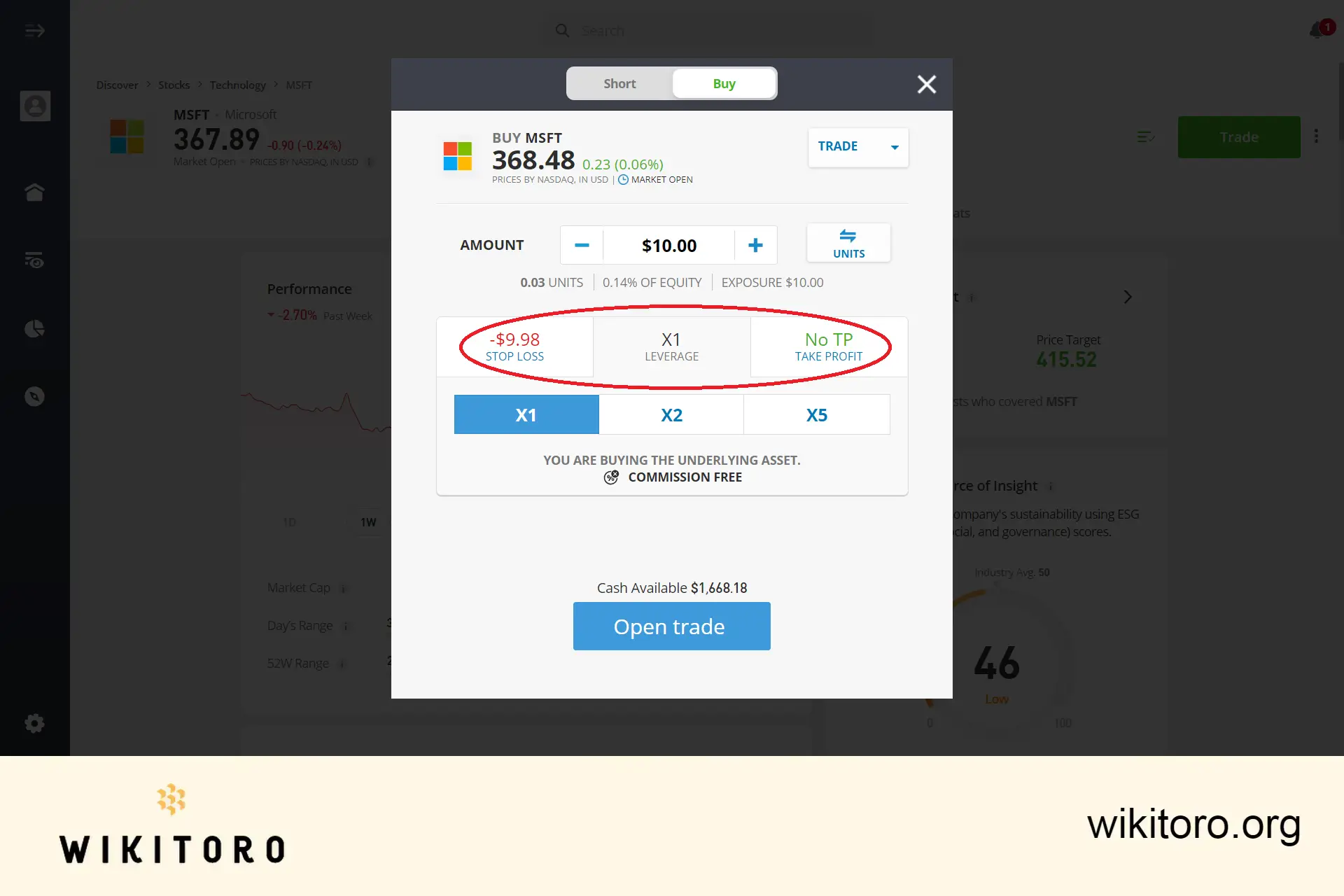 Innstilling av handelsparametere for eToro Microsoft-aksjer