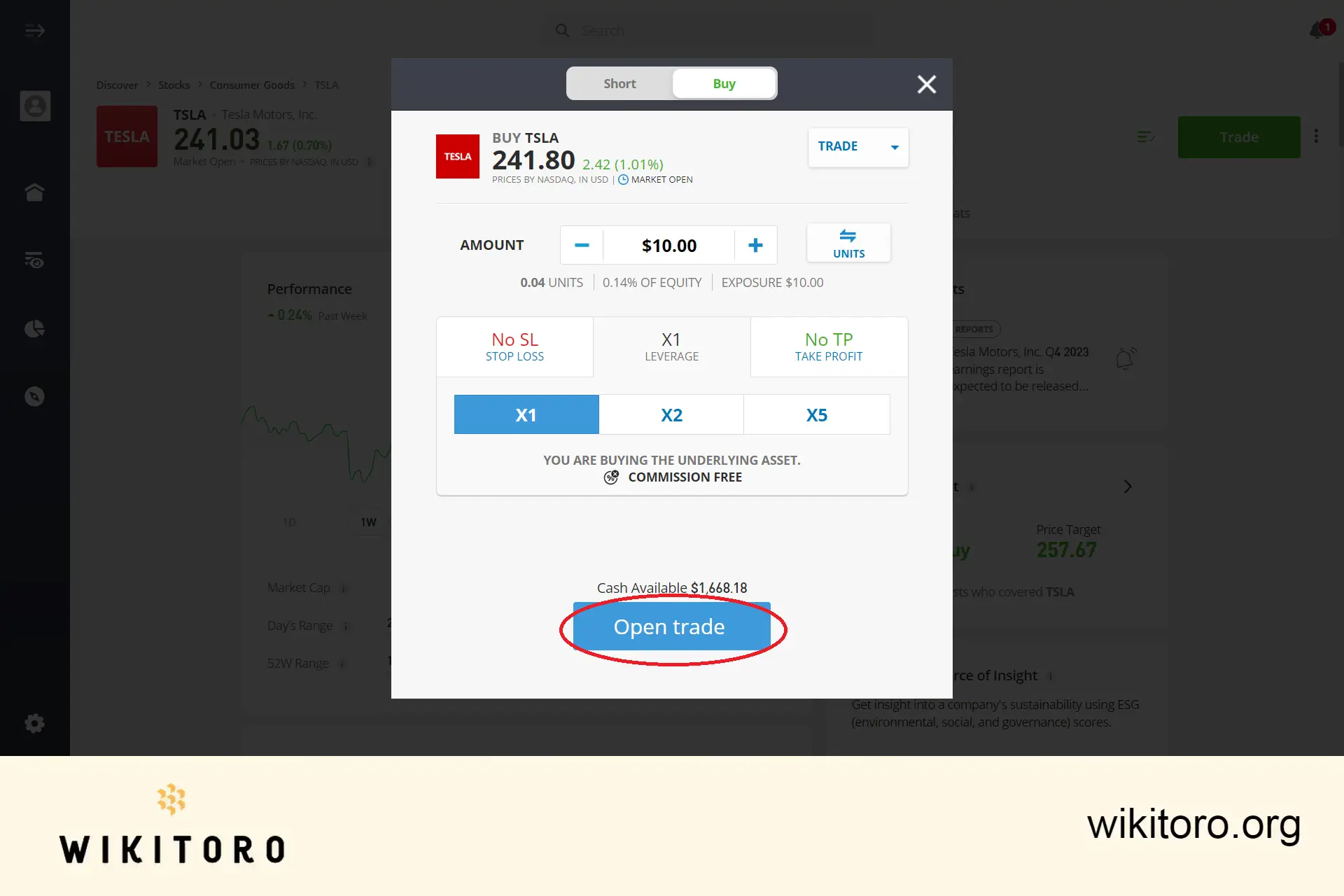 Gjennomføring av eToro Tesla-aksjehandel