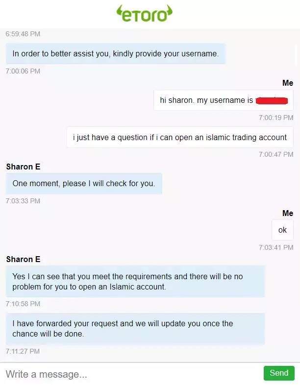 Be om en islamsk eToro-konto via live chat-støtte