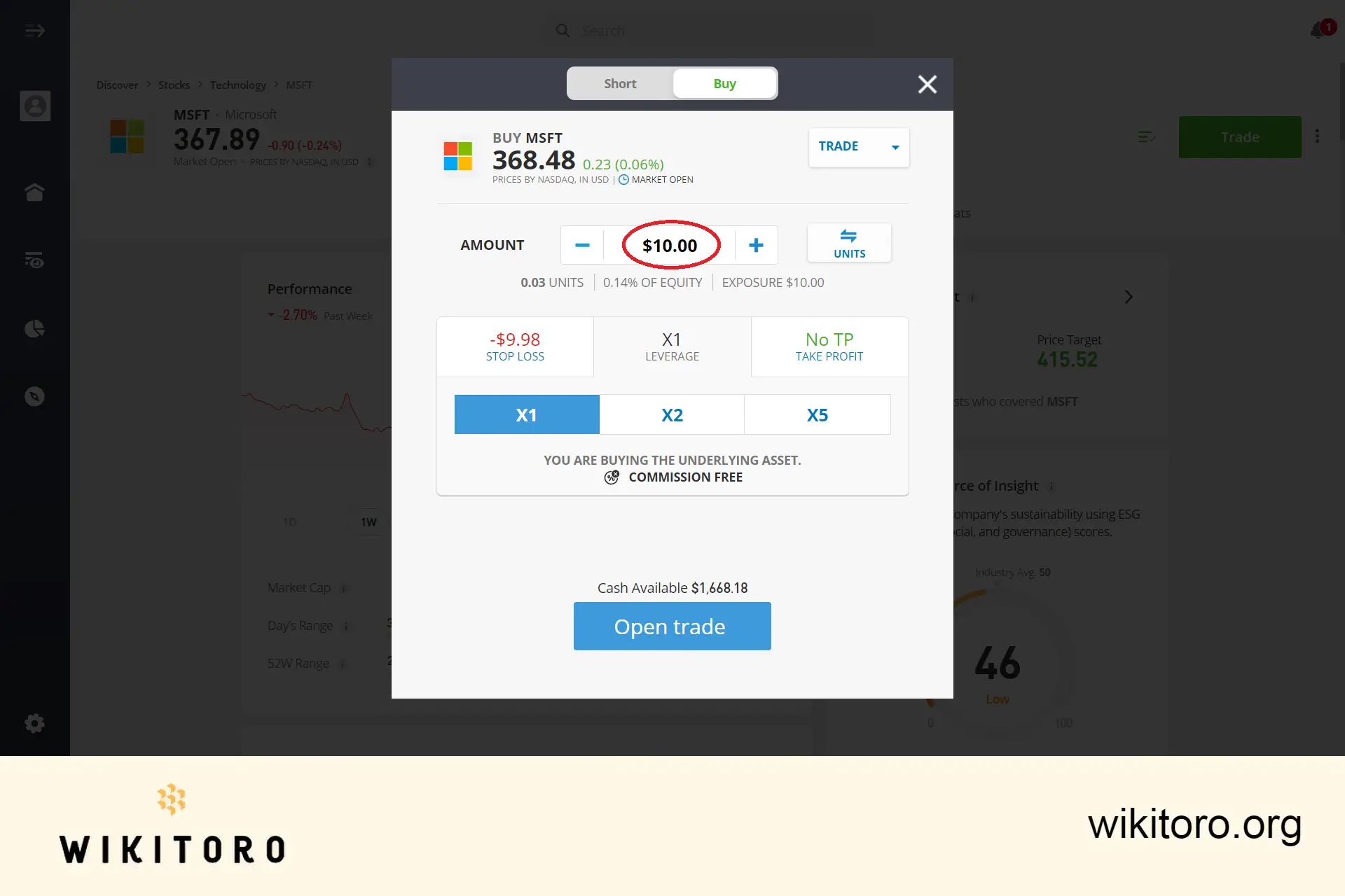 Legge inn investeringsbeløp for Microsoft-aksjer på eToro