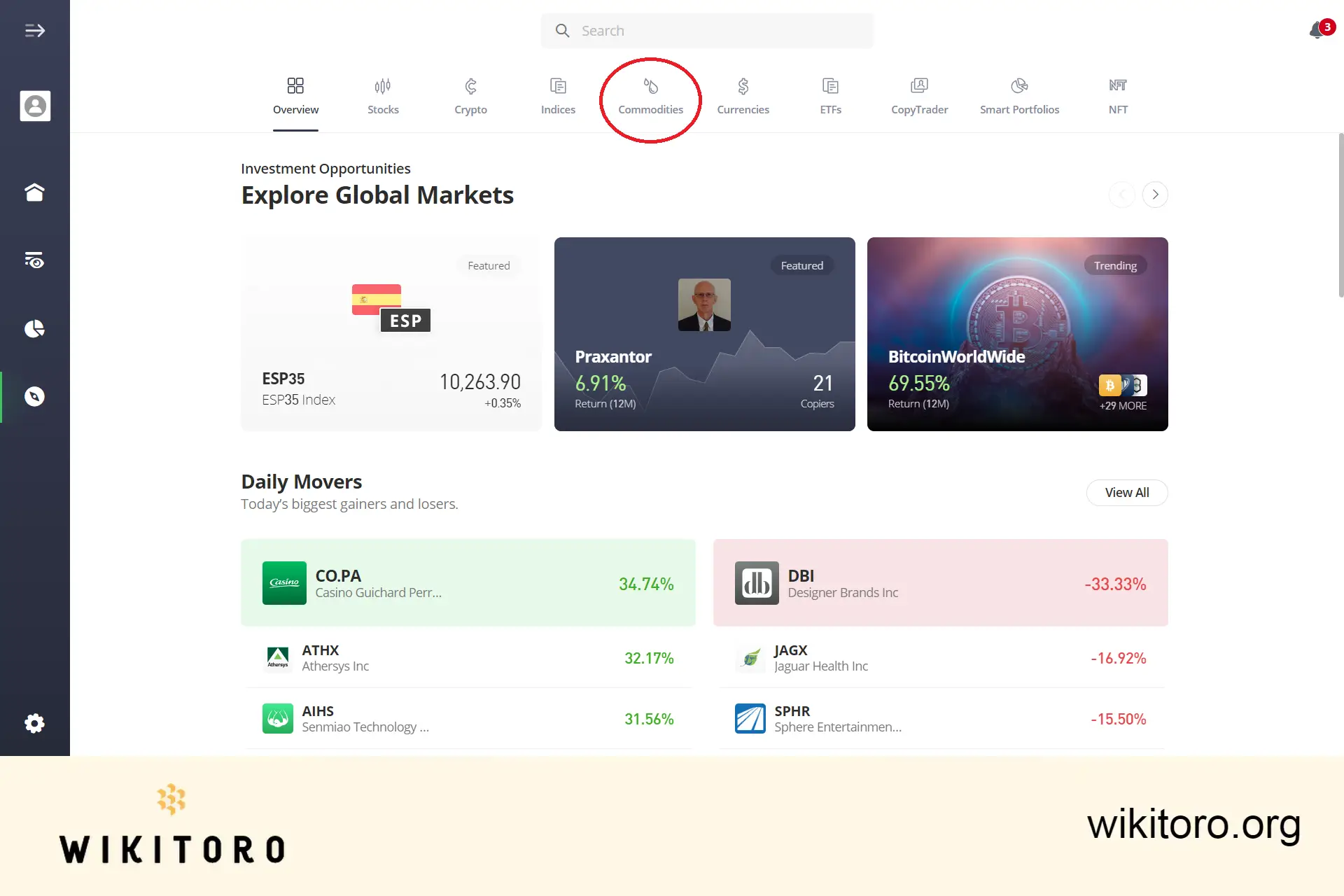 Velger aktivakategorien Råvarer på eToro