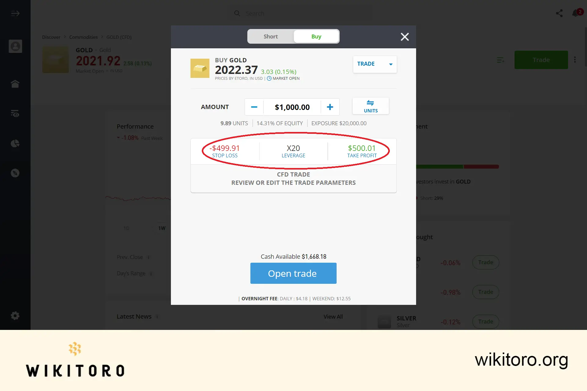 Stille inn parametere for eToro Gold-handel