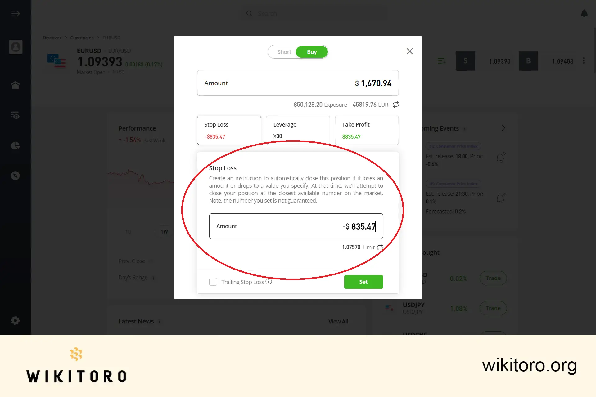 Innstilling av eToro stop loss-beløp eller -grense