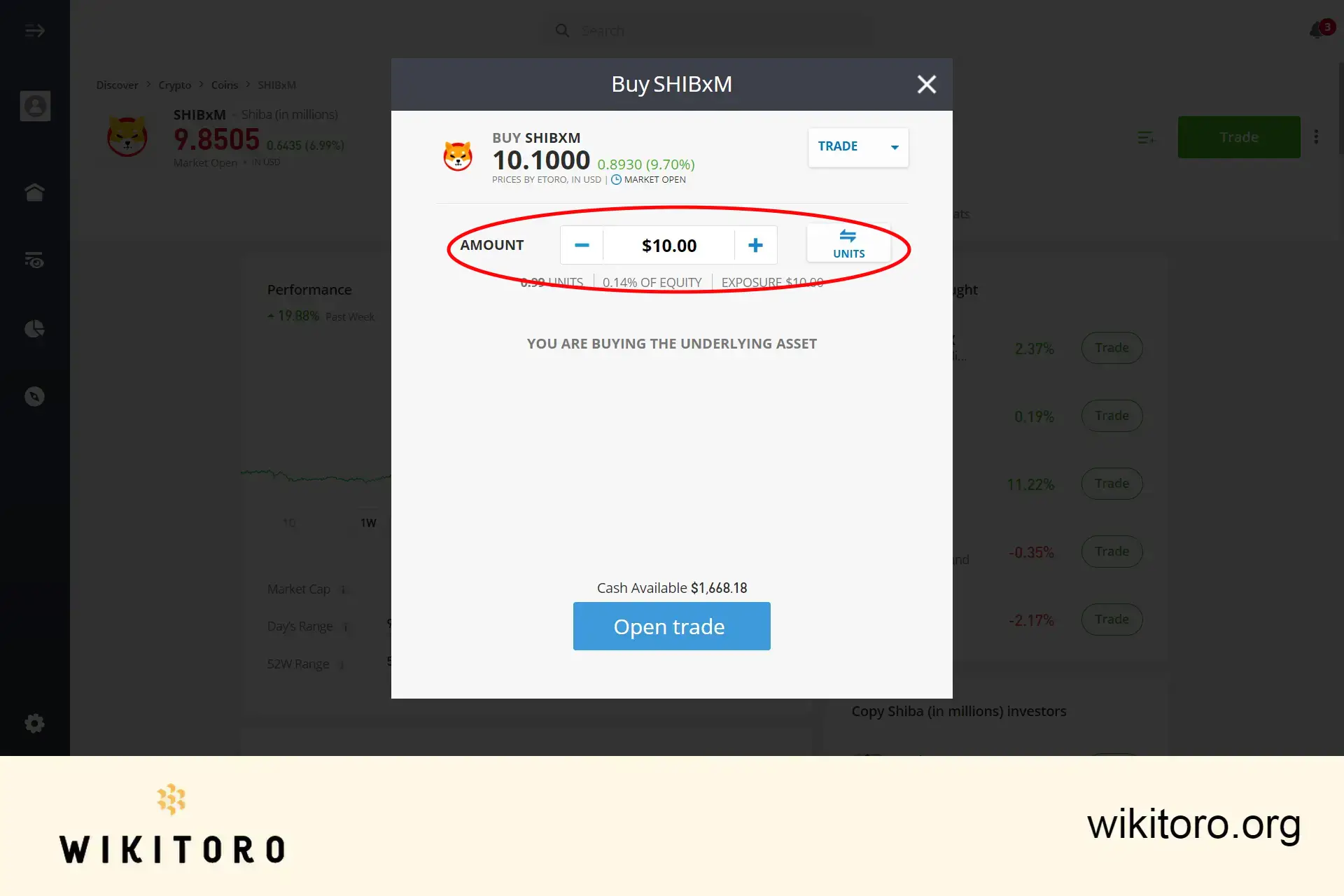 Angi investeringsbeløp for eToro Shiba Inu