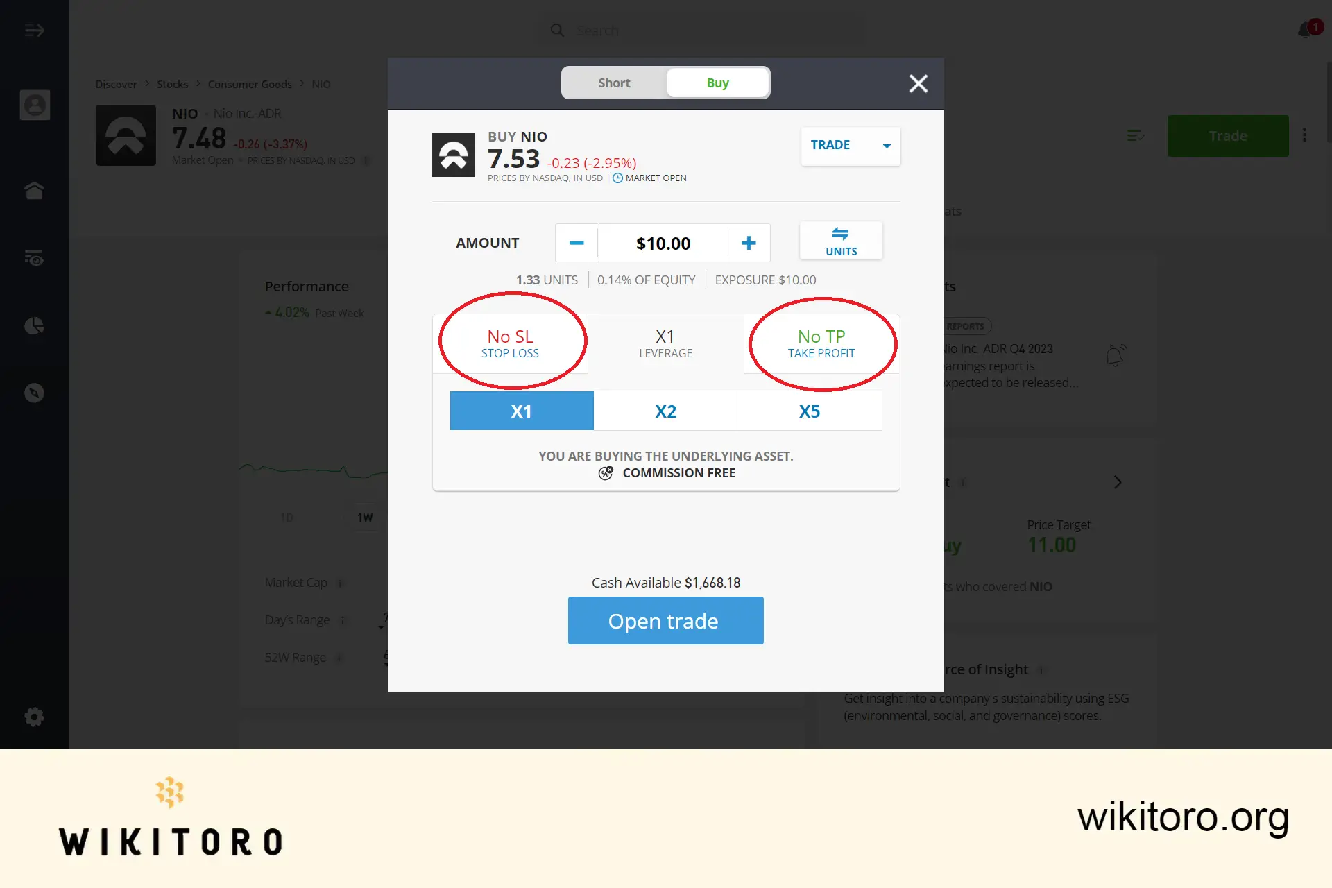 Innstilling av handelsparametere for eToro NIO-aksjer