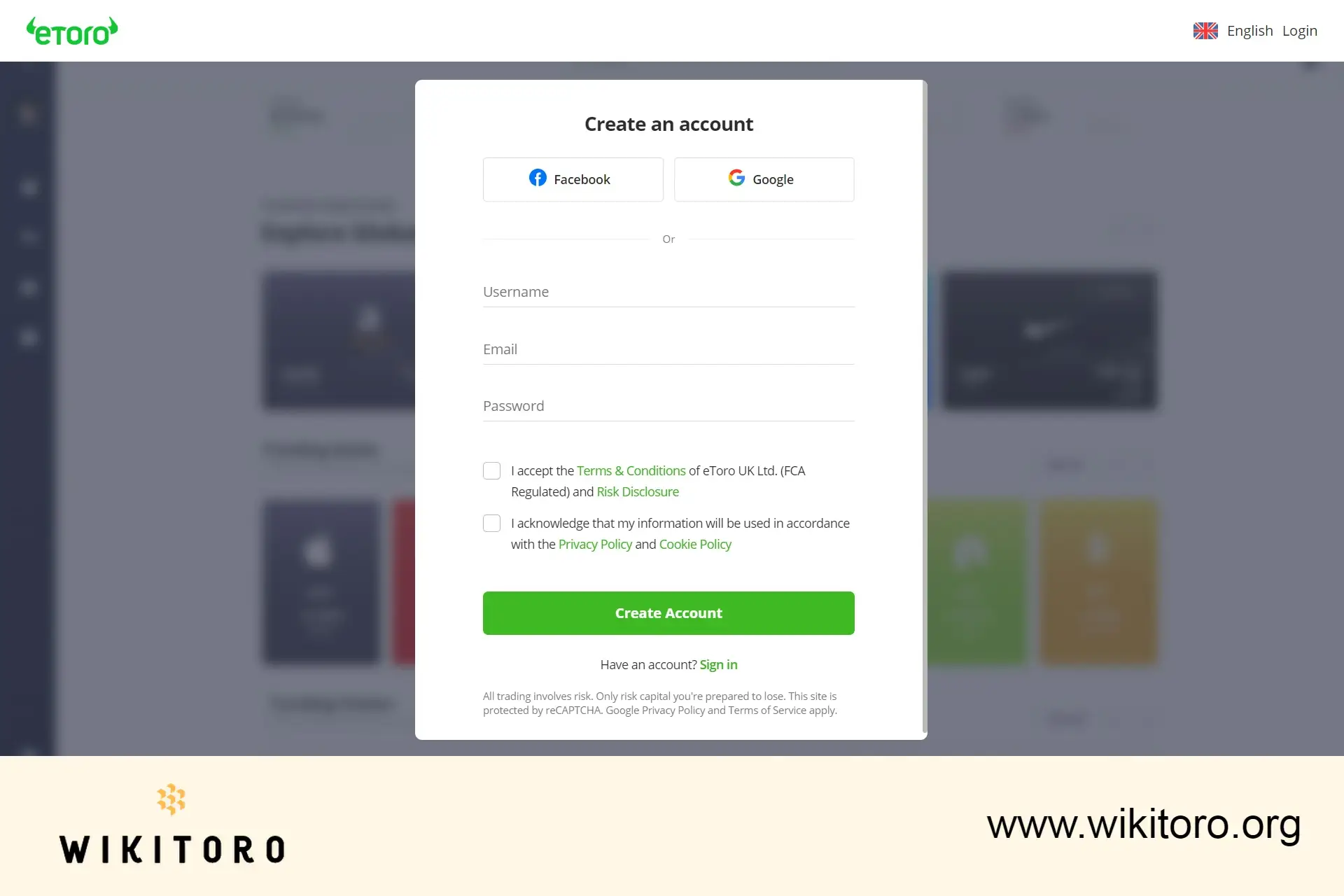 eToro-registreringssiden