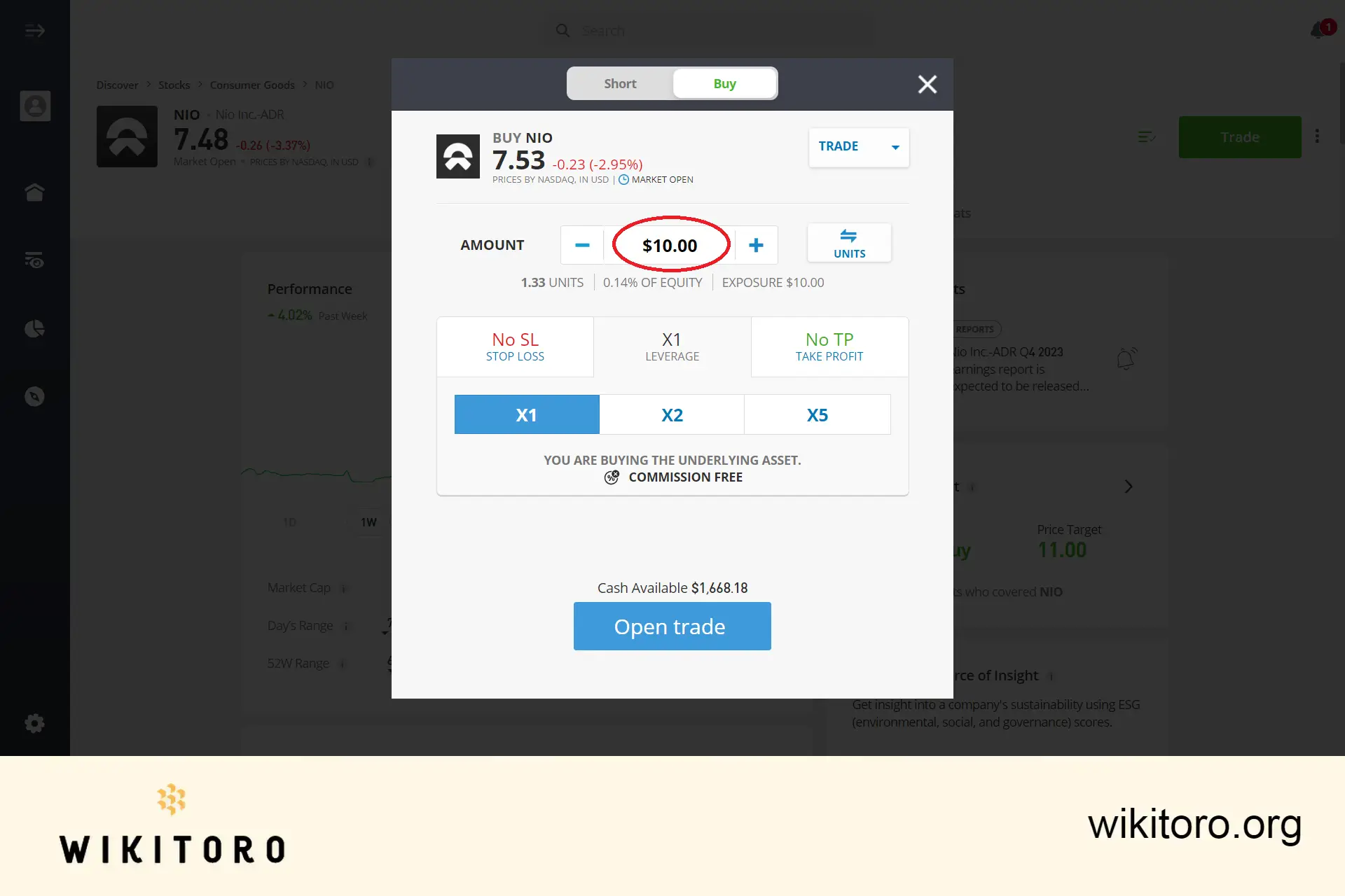 Legge inn investeringsbeløp for NIO-aksjer på eToro