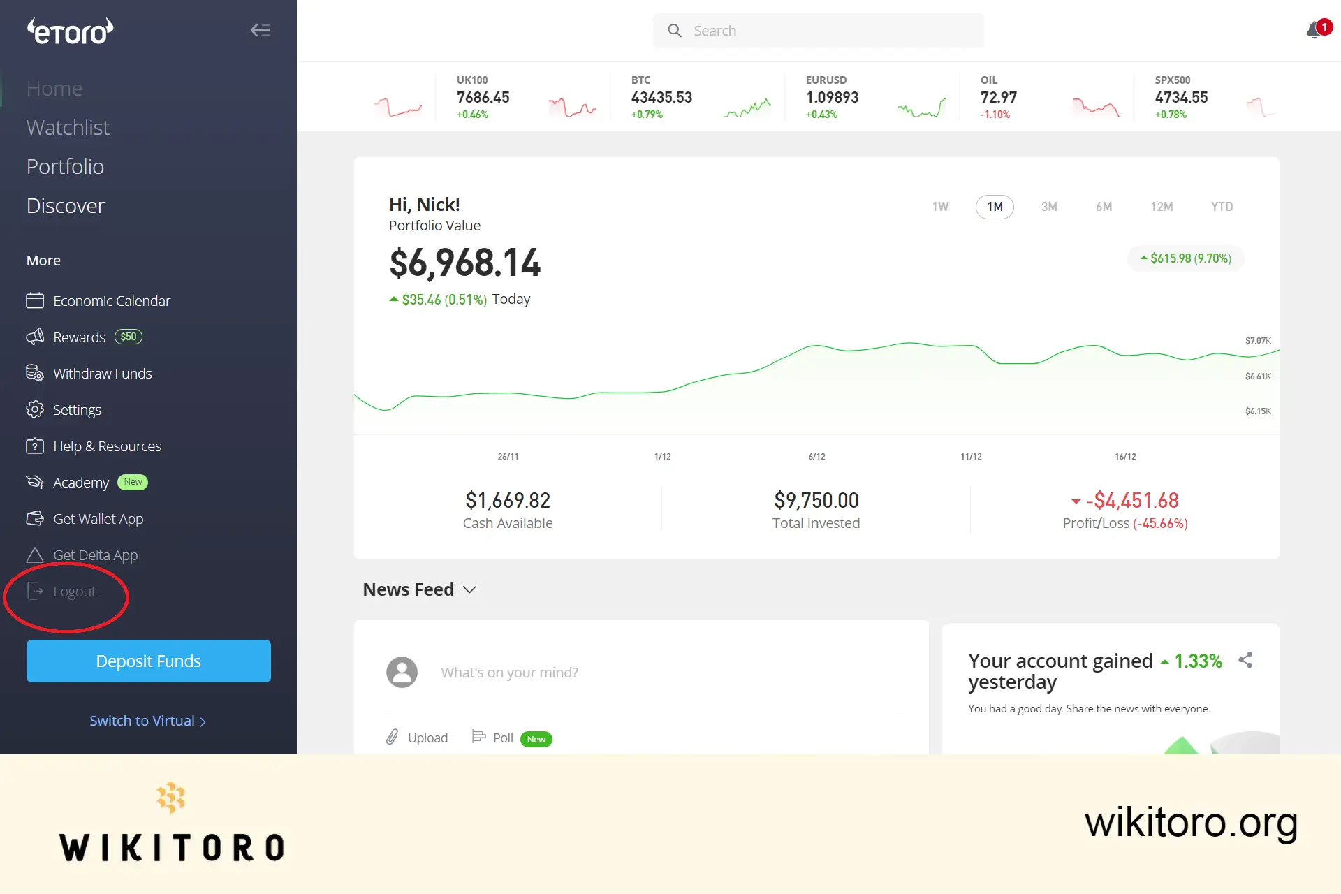 Logg ut-lenke på eToro-plattformen