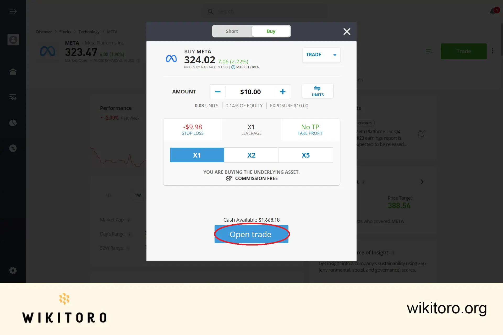 Gjennomføring av eToro Meta-aksjehandel