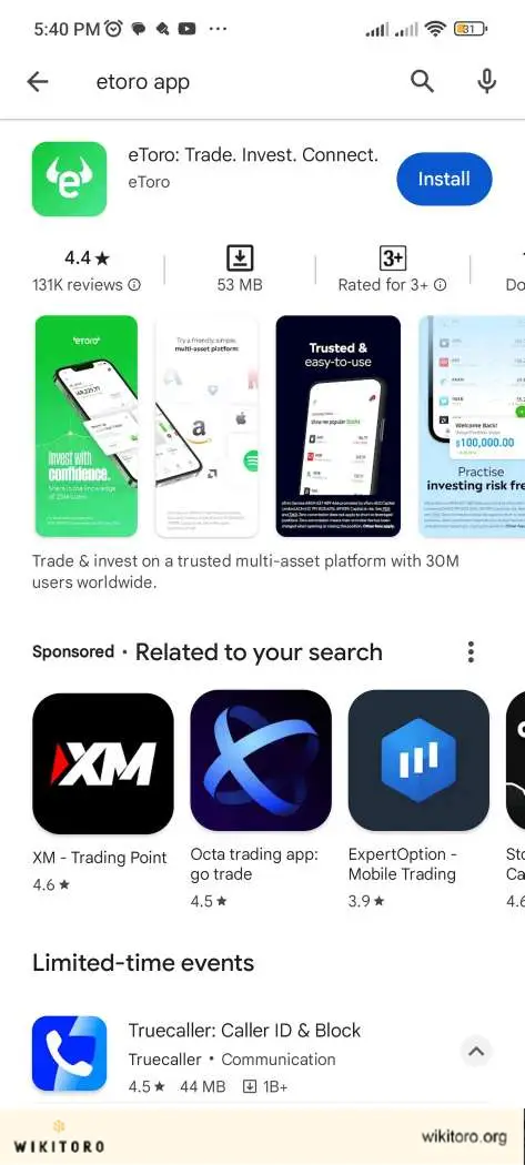 eToro-appen i Google Play Store